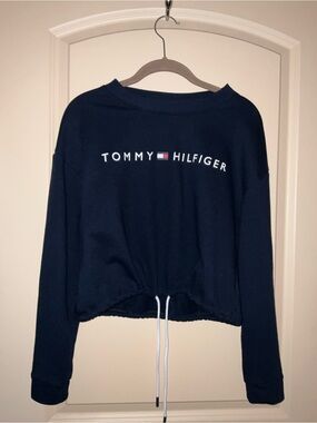 Tommy Hilfiger Navy Logo Drawstring Cropped Sweatshirt